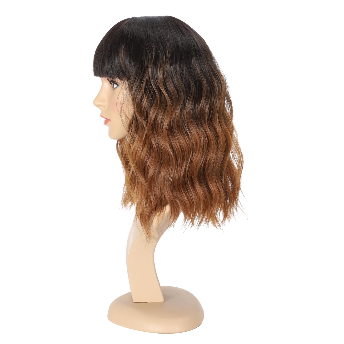 Black Mixed Brown Wig for Black Women 14 Inch Short Wavy Hair Wigs Curly Bob Wig with Bangs Wigs Shoulder Length Wigs for Black Women Bob Style Synthetic Heat Resistant Bob Wigs