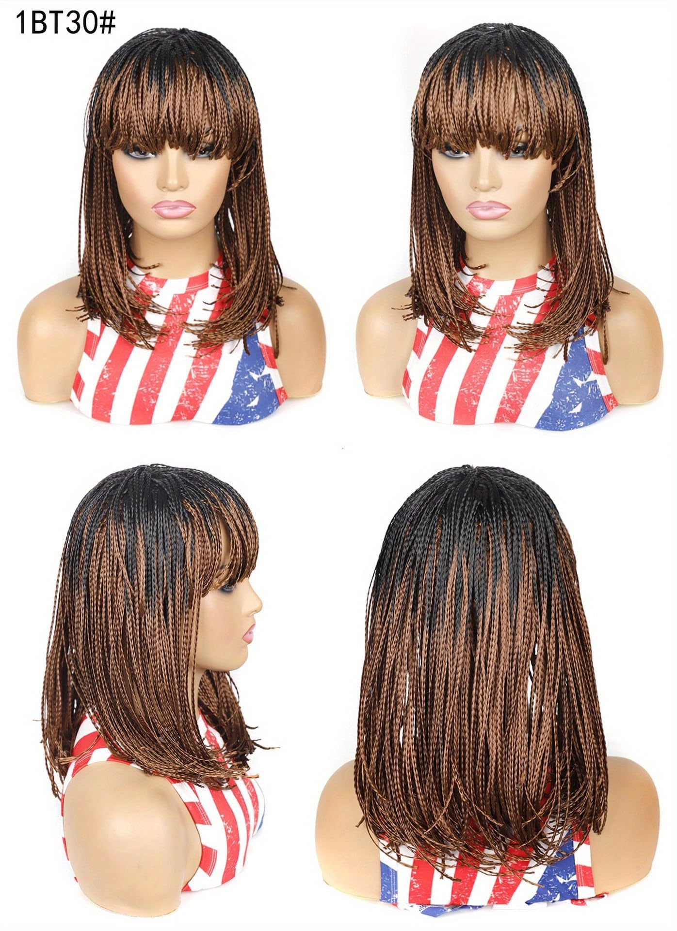 Box Braid Wig Synthetic Short Bob Wig Box Braided Wig with Bangs Cornrow Braided Wigs for Black Women (10 inches, Brown)
