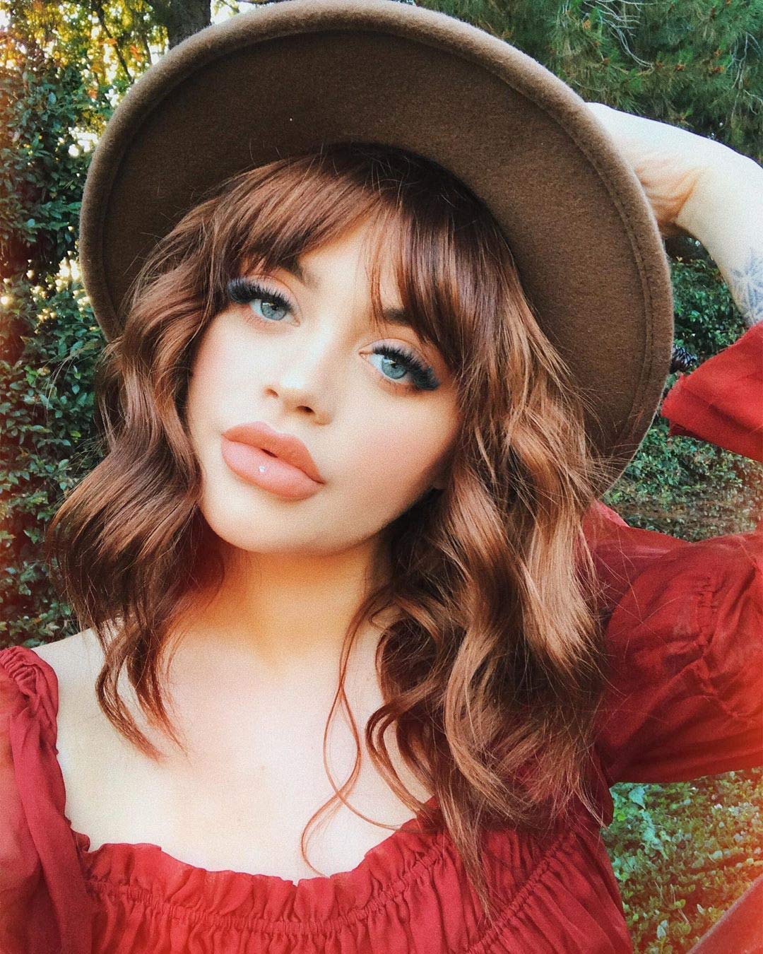 Black Mixed Brown Wig for Black Women 14 Inch Short Wavy Hair Wigs Curly Bob Wig with Bangs Wigs Shoulder Length Wigs for Black Women Bob Style Synthetic Heat Resistant Bob Wigs