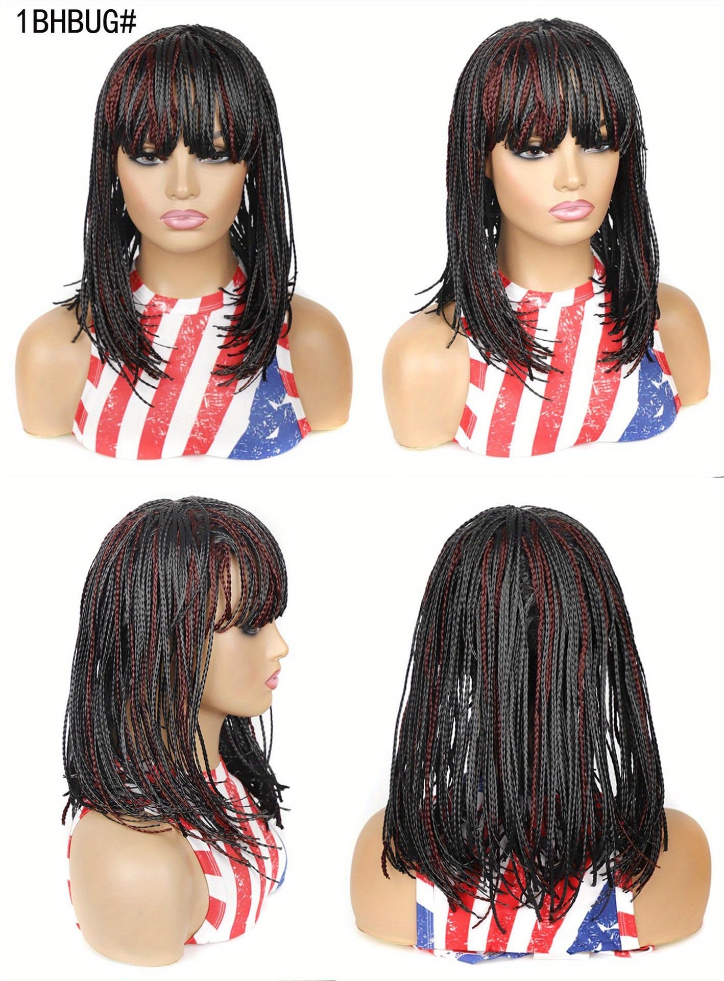 Box Braid Wig Synthetic Short Bob Wig Box Braided Wig with Bangs Cornrow Braided Wigs for Black Women (10 inches, Brown)