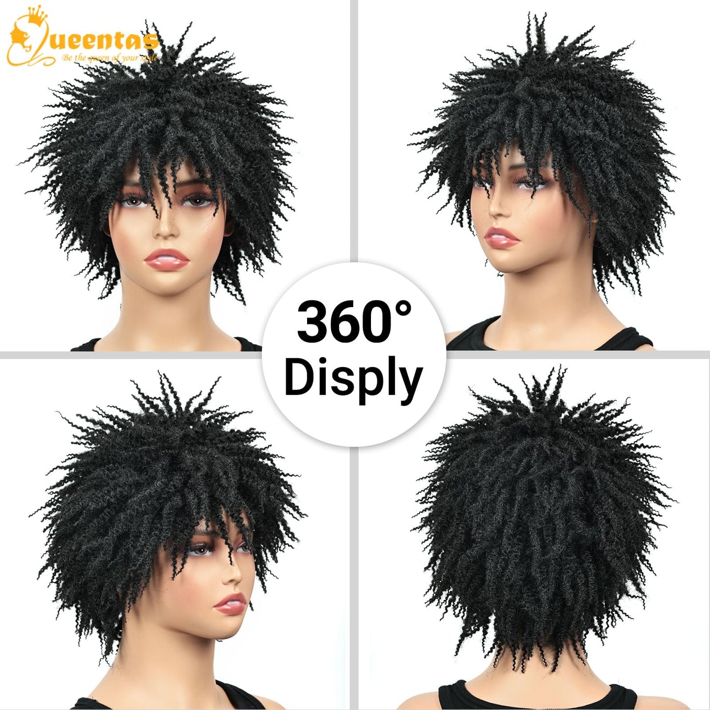 QUEENTAS Dreadlock Wigs for Black Women and Men Short Curly Big Afro Braided Wigs Faux Locs Twist Braiding Synthetic Wigs (Black to Brown)