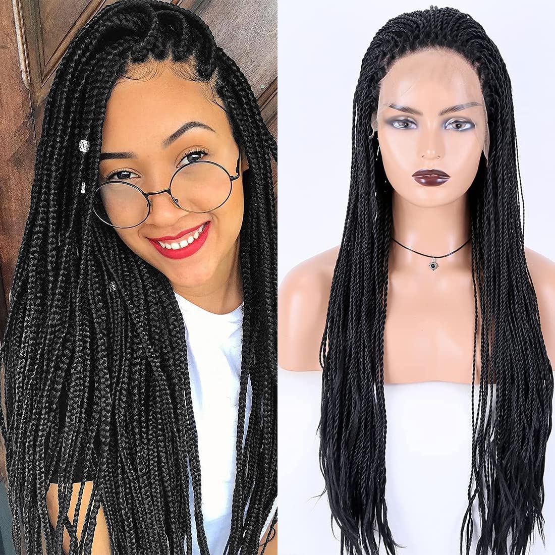 Box Braid Wig Synthetic Short Bob Wig Box Braided Wig with Bangs Cornrow Braided Wigs for Black Women (10 inches, Brown)
