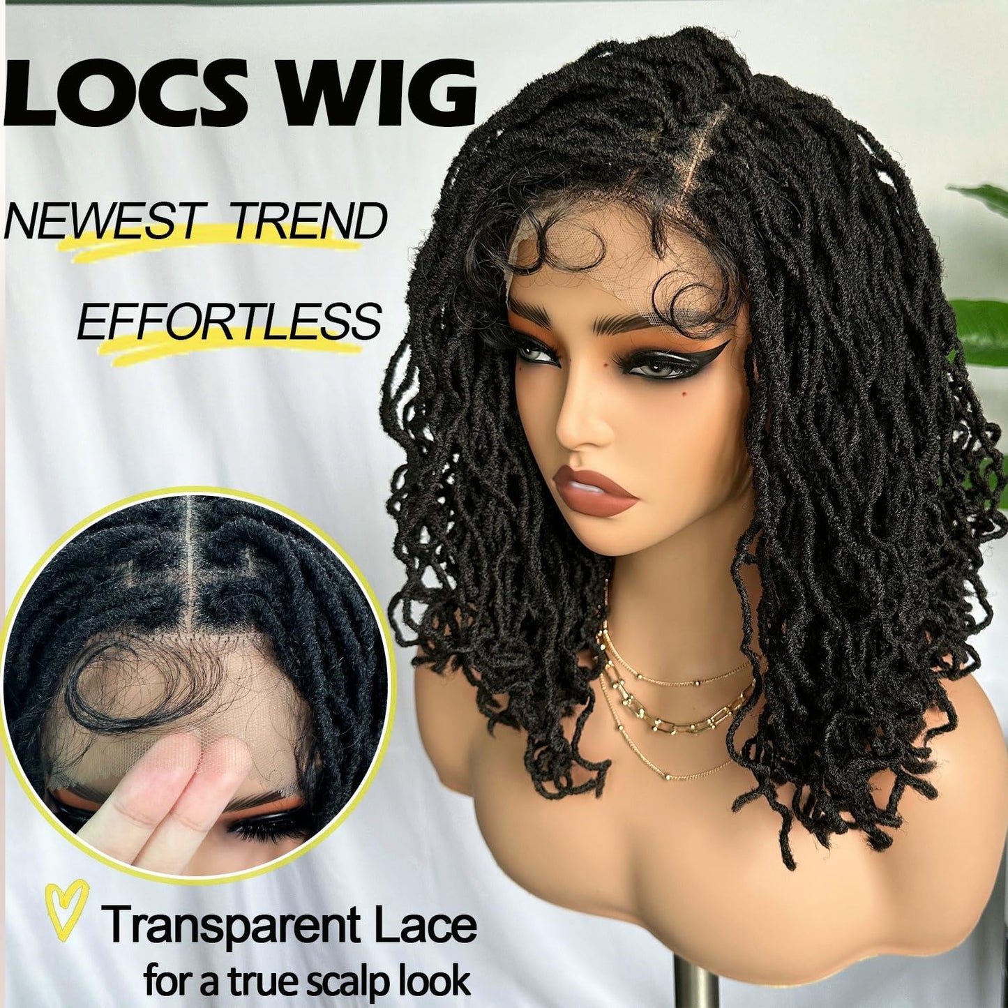 SOKU Short Curly Faux Locs Lace Frontal Wig 12 Inch Natural Black 4x4 Large Parting Space Twist Dreadlock Wigs for Black Women Afro Curly Braided Synthetic Wig