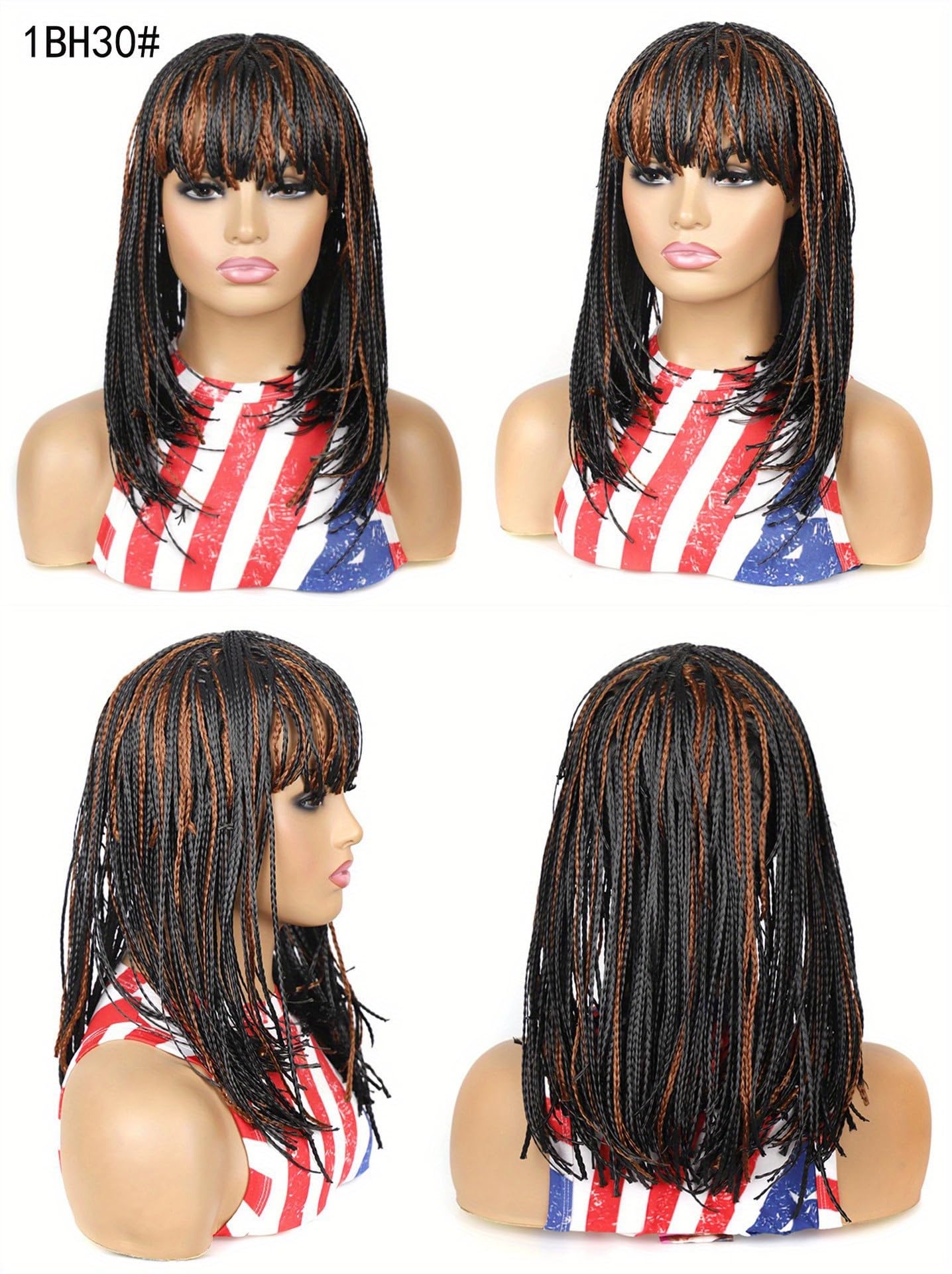 Box Braid Wig Synthetic Short Bob Wig Box Braided Wig with Bangs Cornrow Braided Wigs for Black Women (10 inches, Brown)