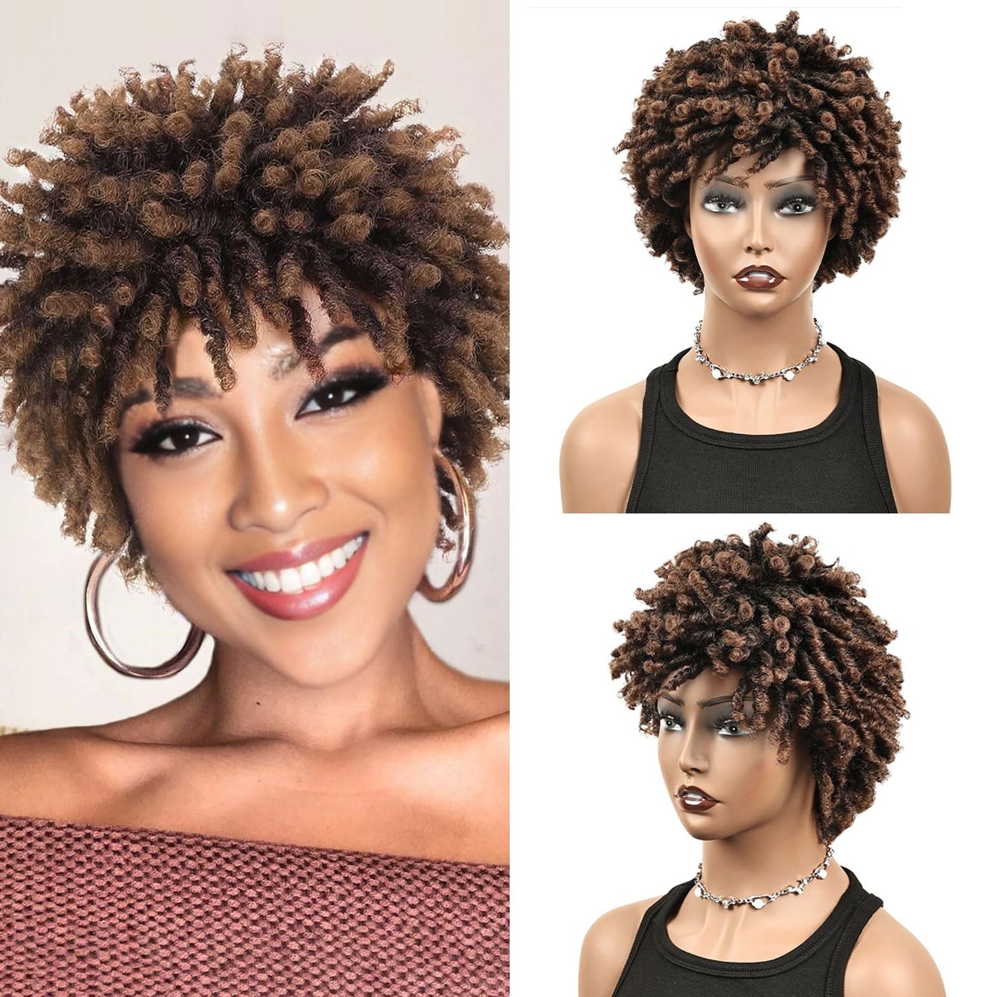QUEENTAS Dreadlock Wigs for Black Women and Men Short Curly Big Afro Braided Wigs Faux Locs Twist Braiding Synthetic Wigs (Black to Brown)