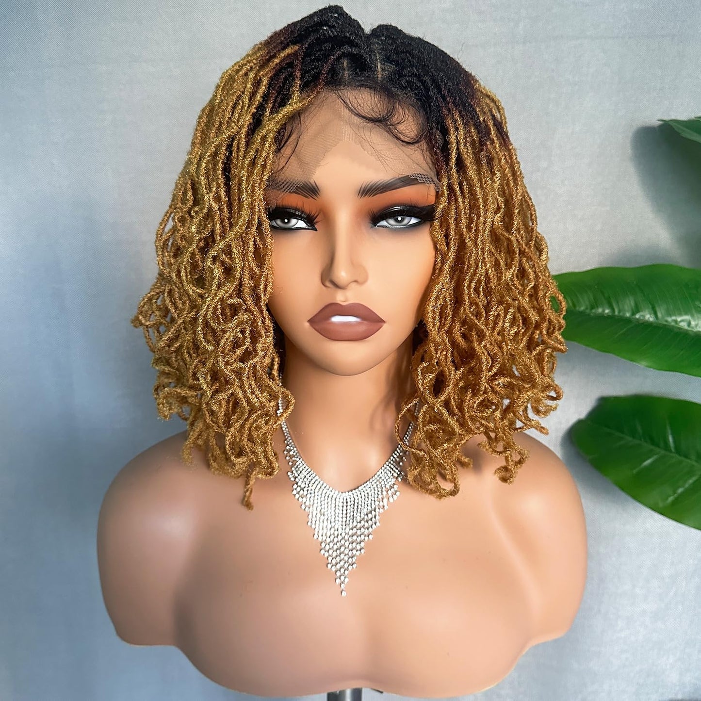 SOKU Short Curly Faux Locs Lace Frontal Wig 12 Inch Natural Black 4x4 Large Parting Space Twist Dreadlock Wigs for Black Women Afro Curly Braided Synthetic Wig