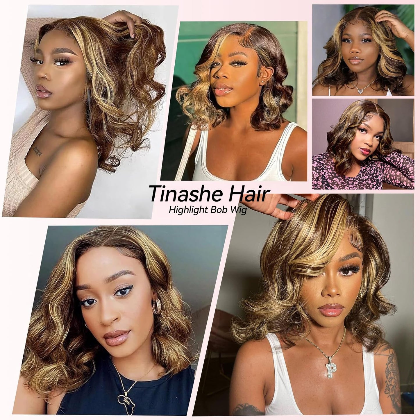 Tinashe 12Inch Wear and Go Glueless Bob Wig Human Hair Highlight Bob Wig Human Hair Honey Blonde 5x6 Body Wave Wigs for Beginners Glueless Short Bob Wig(12inch,P4/27 Loose Body Bob Wig)