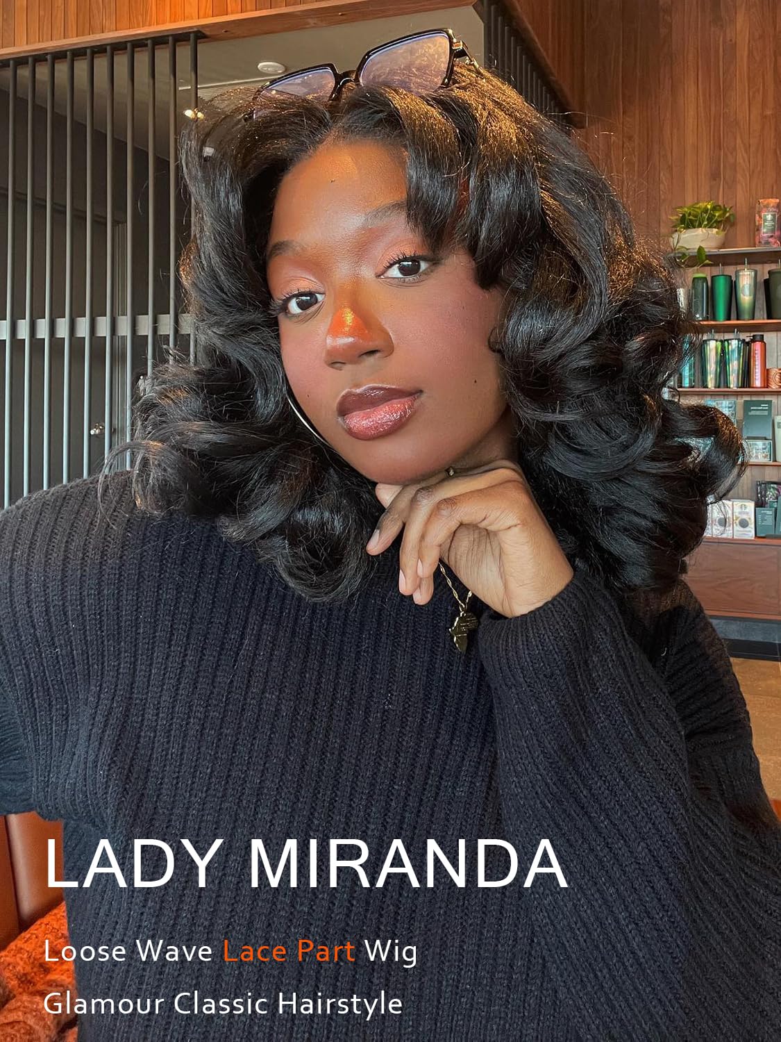 Lady Miranda Loose Wave Lace Part Wig Pure Color Nature Curly Synthetic Heat Resistant Weave Full Wigs for Women(Black)