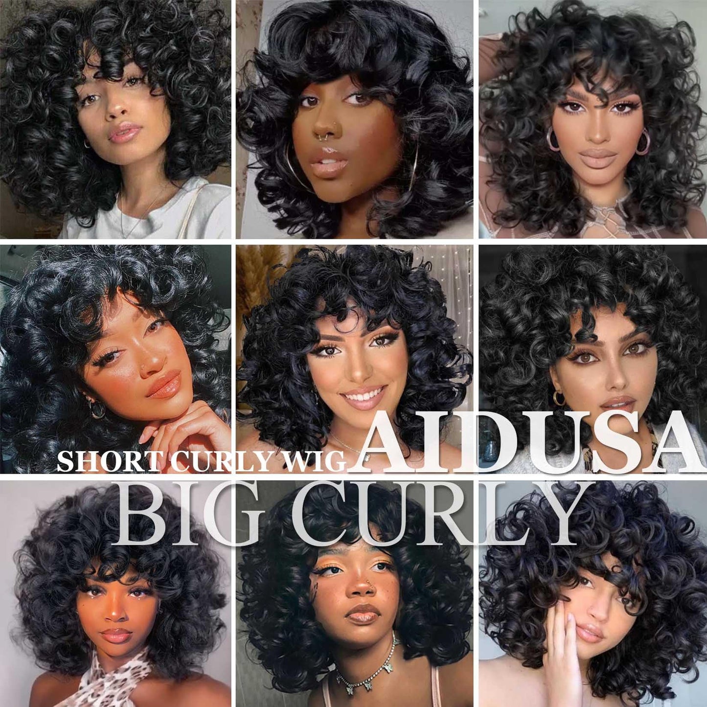 AIDUSA Curly Wigs for Black Women Synthetic Loose Curly Wigs with Bangs 14 Inch Wig Black Natural Bob Wigs for Women (#1B Natural Black)