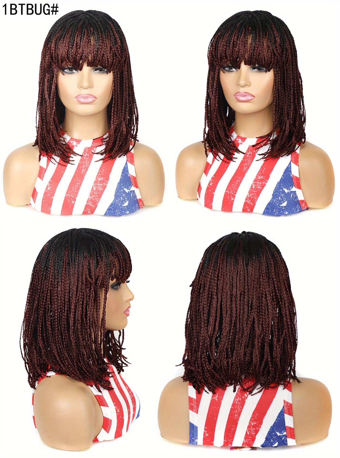 Box Braid Wig Synthetic Short Bob Wig Box Braided Wig with Bangs Cornrow Braided Wigs for Black Women (10 inches, Brown)