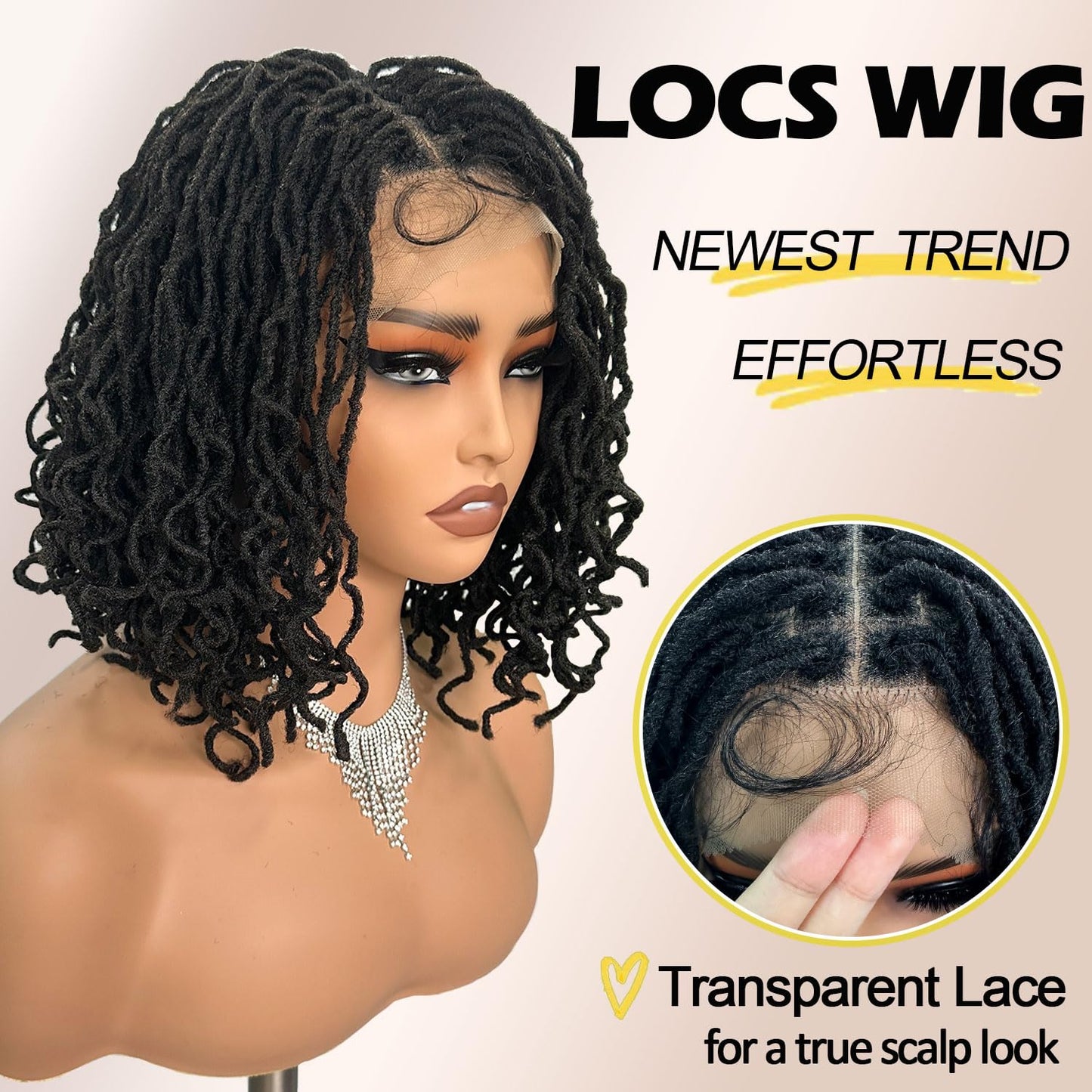 SOKU Short Curly Faux Locs Lace Frontal Wig 12 Inch Natural Black 4x4 Large Parting Space Twist Dreadlock Wigs for Black Women Afro Curly Braided Synthetic Wig