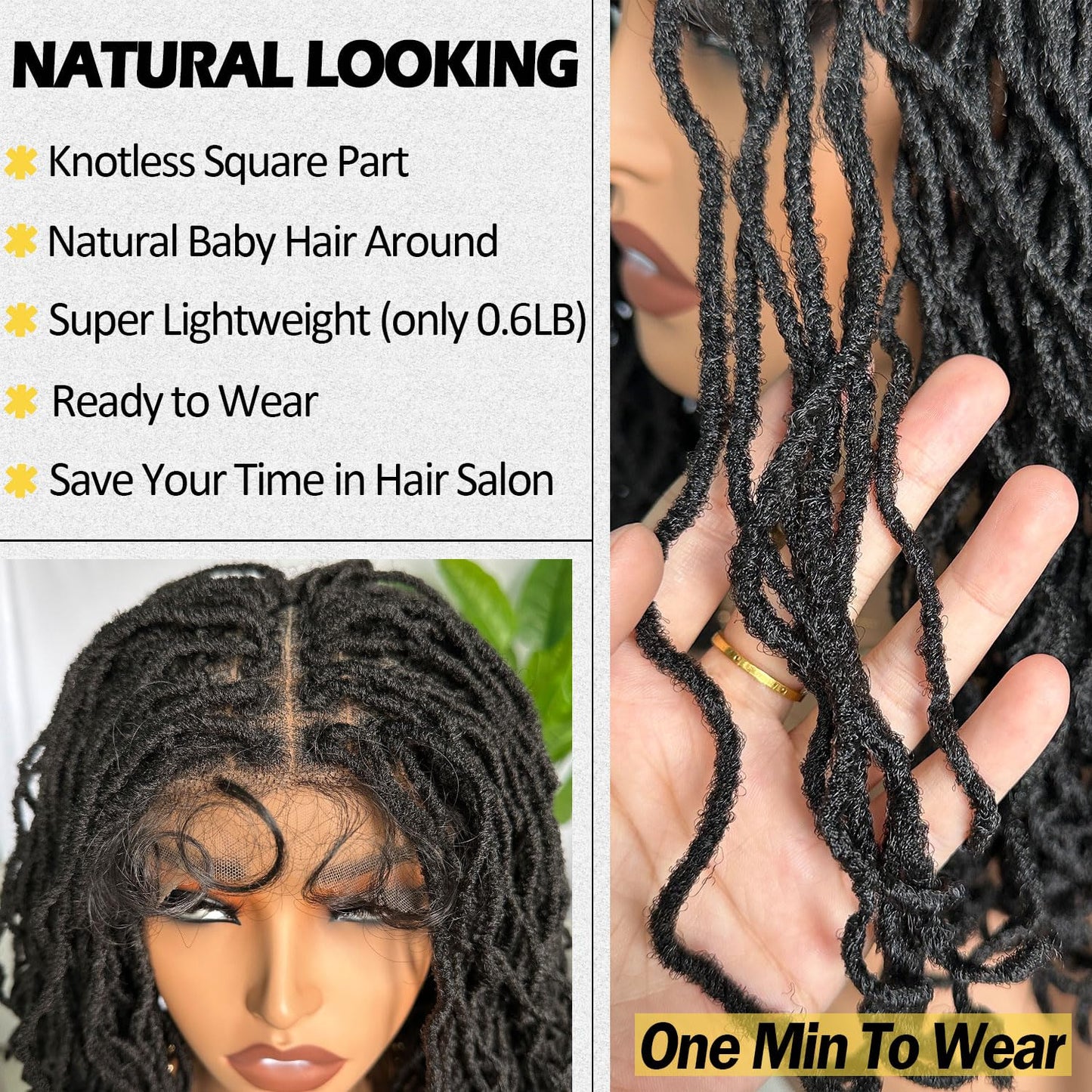 SOKU Short Curly Faux Locs Lace Frontal Wig 12 Inch Natural Black 4x4 Large Parting Space Twist Dreadlock Wigs for Black Women Afro Curly Braided Synthetic Wig