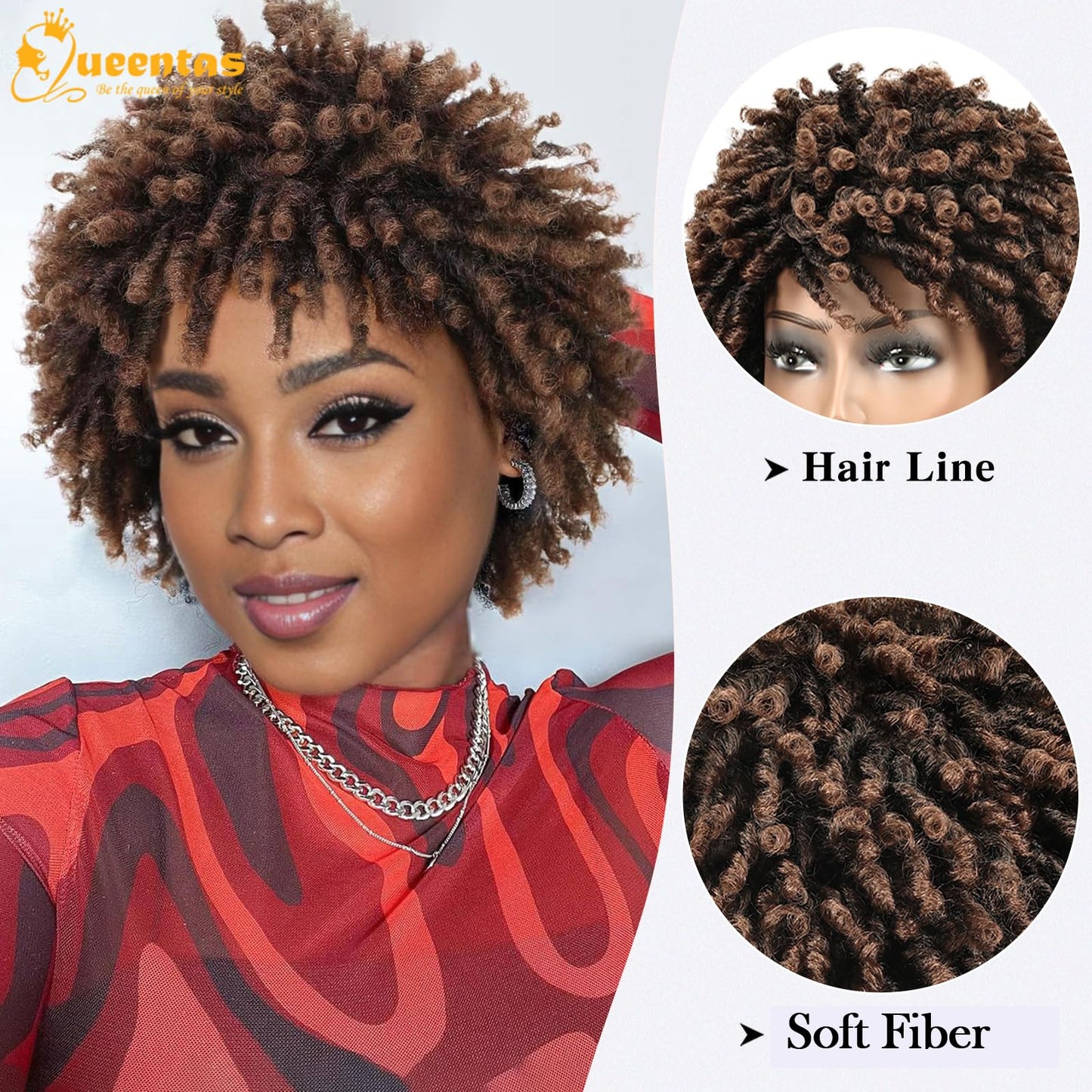 QUEENTAS Dreadlock Wigs for Black Women and Men Short Curly Big Afro Braided Wigs Faux Locs Twist Braiding Synthetic Wigs (Black to Brown)