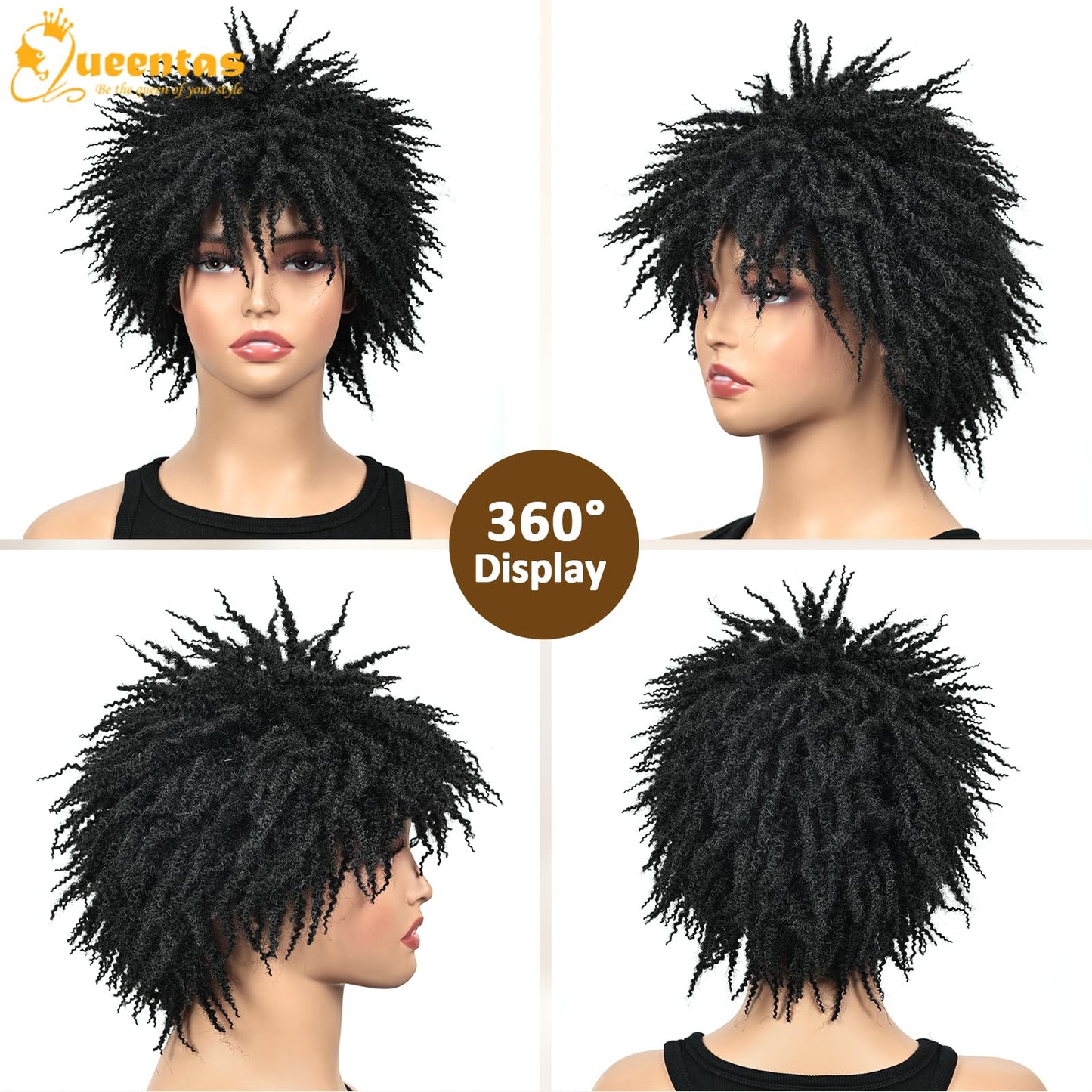 QUEENTAS Dreadlock Wigs for Black Women and Men Short Curly Big Afro Braided Wigs Faux Locs Twist Braiding Synthetic Wigs (Black to Brown)
