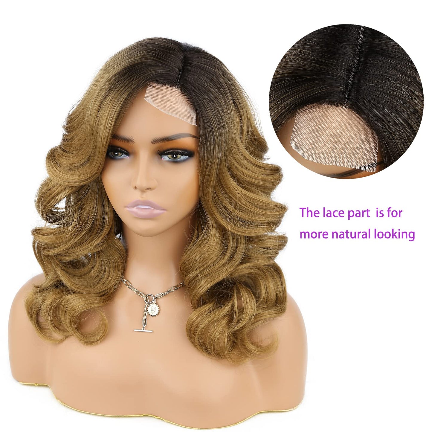 Lady Miranda Loose Wave Lace Part Wig Pure Color Nature Curly Synthetic Heat Resistant Weave Full Wigs for Women(Black)