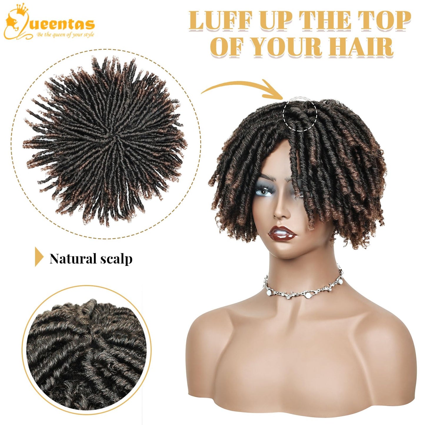 QUEENTAS Dreadlock Wigs for Black Women and Men Short Curly Big Afro Braided Wigs Faux Locs Twist Braiding Synthetic Wigs (Black to Brown)