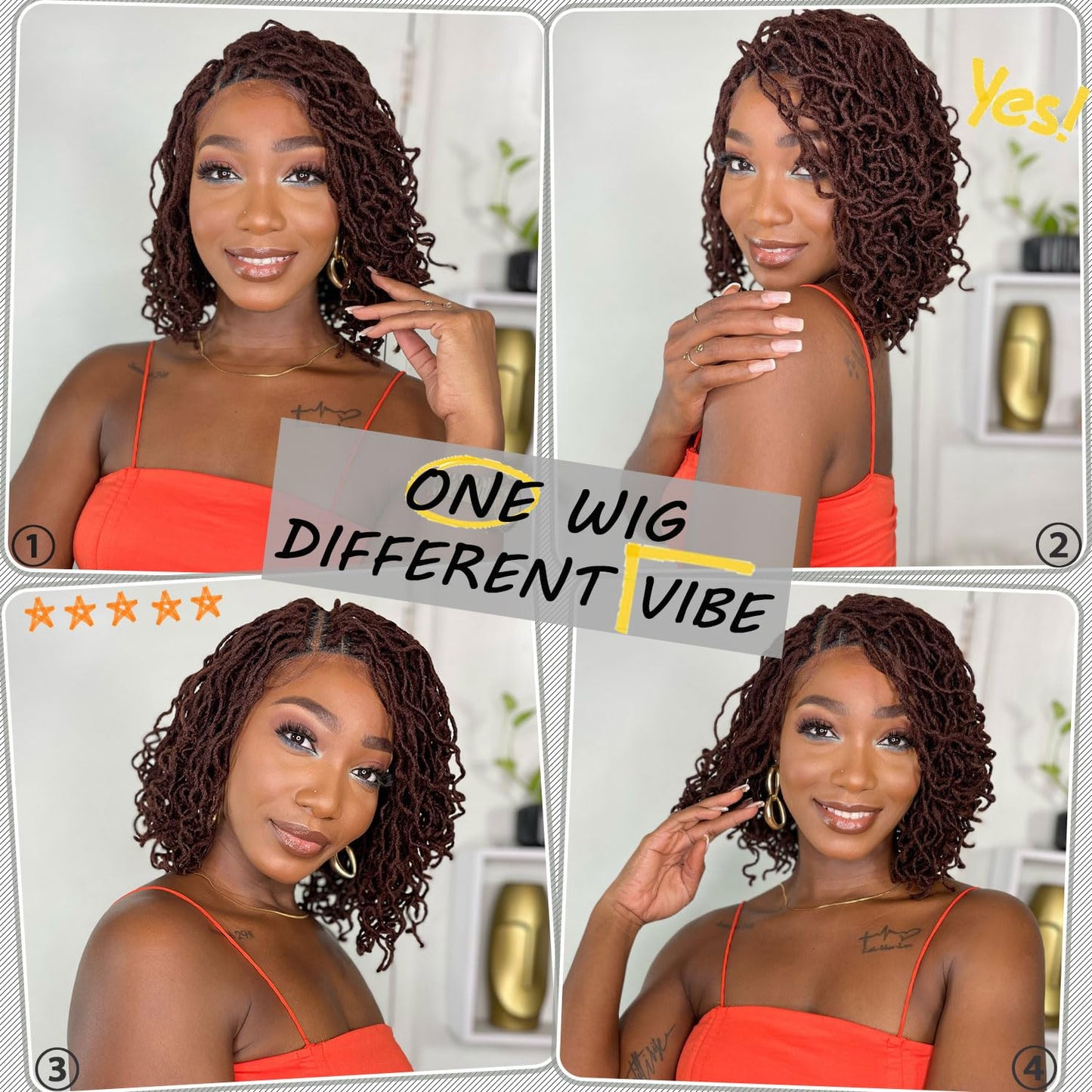 SOKU Short Curly Faux Locs Lace Frontal Wig 12 Inch Natural Black 4x4 Large Parting Space Twist Dreadlock Wigs for Black Women Afro Curly Braided Synthetic Wig