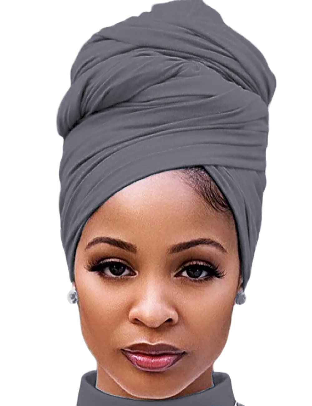 Harewom Black Hair Wrap for Women Long Stretch Jersey Head Scarf Summer Breathable Lightweight Turban Solid Color