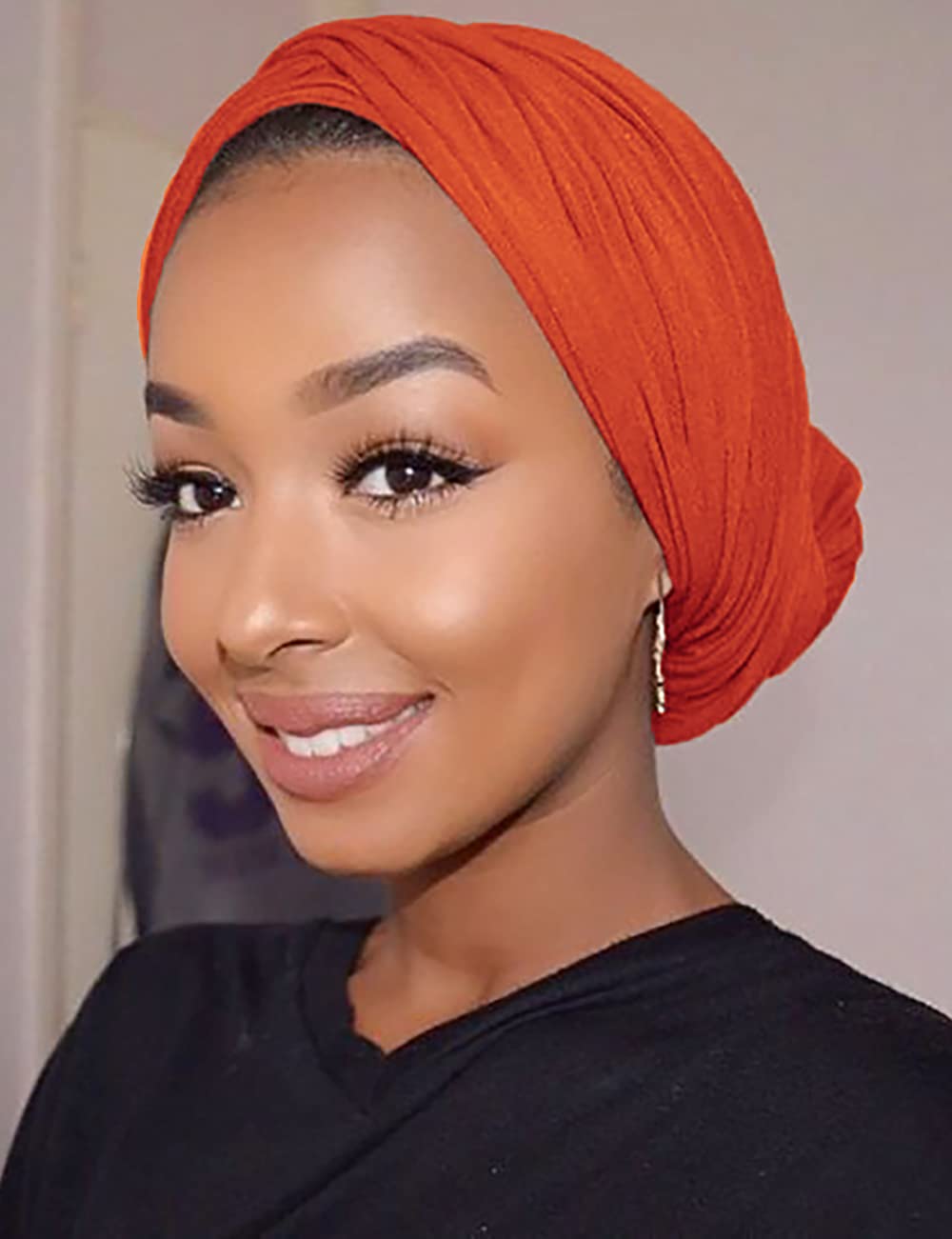 Harewom Black Hair Wrap for Women Long Stretch Jersey Head Scarf Summer Breathable Lightweight Turban Solid Color