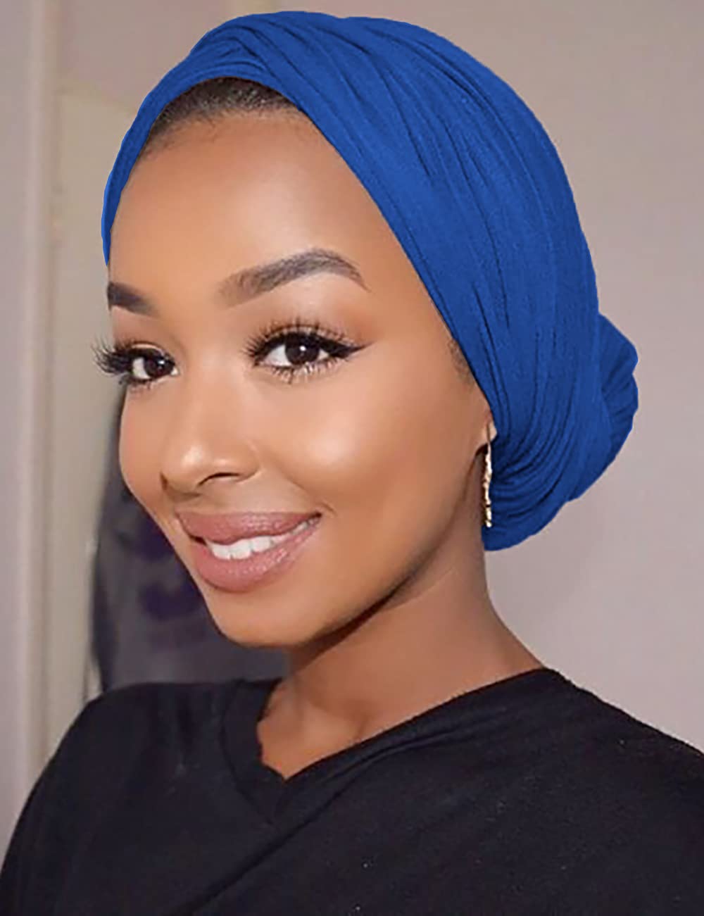 Harewom Black Hair Wrap for Women Long Stretch Jersey Head Scarf Summer Breathable Lightweight Turban Solid Color