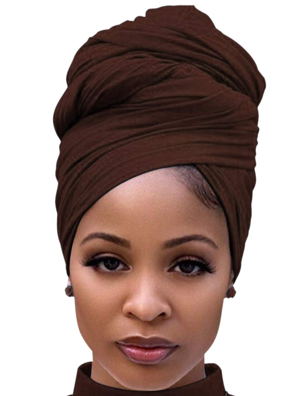 Harewom Black Hair Wrap for Women Long Stretch Jersey Head Scarf Summer Breathable Lightweight Turban Solid Color