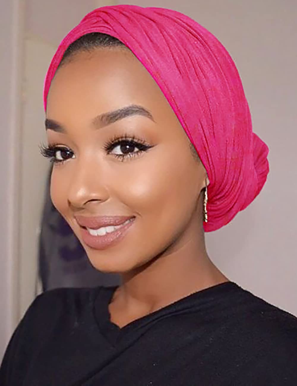 Harewom Black Hair Wrap for Women Long Stretch Jersey Head Scarf Summer Breathable Lightweight Turban Solid Color