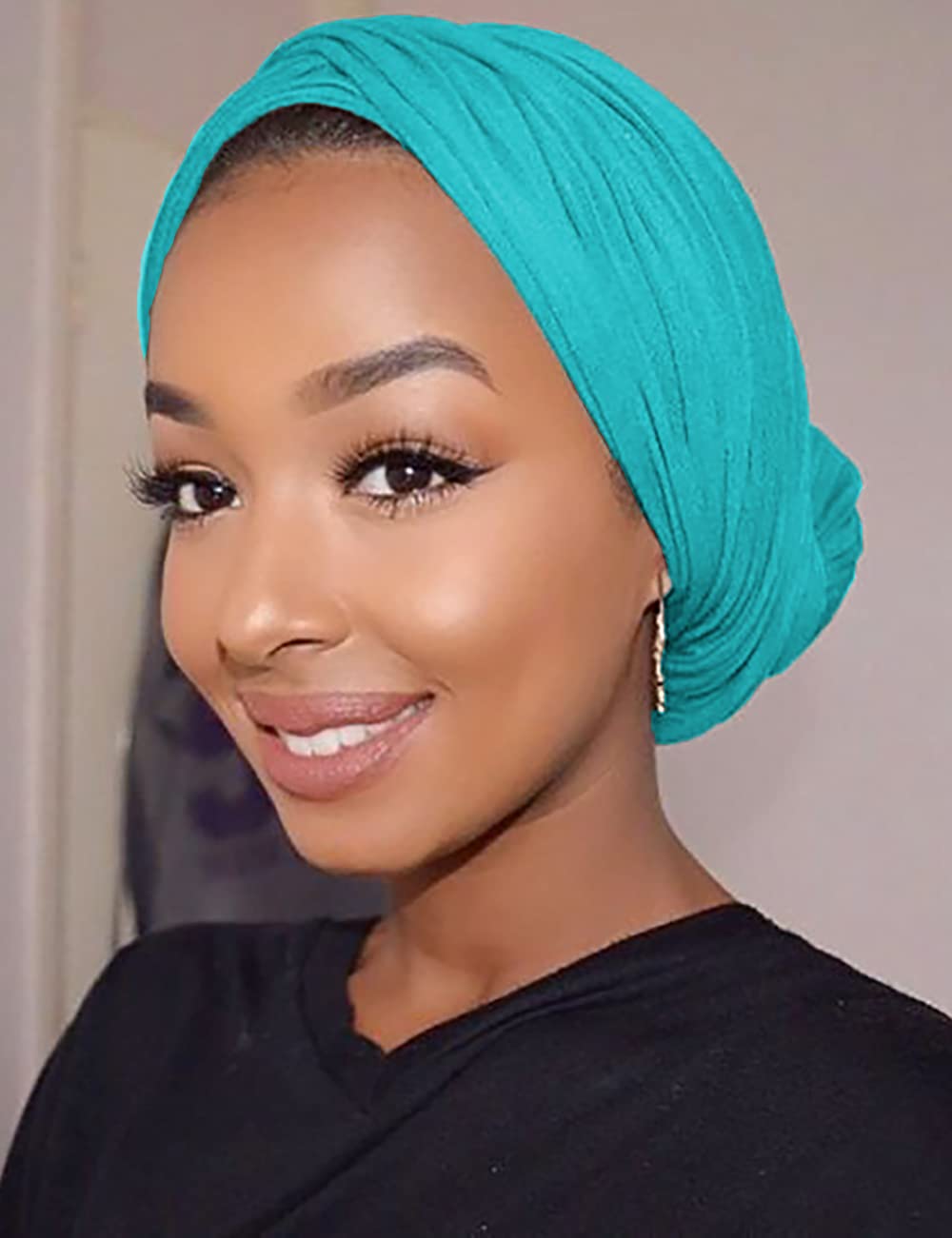 Harewom Black Hair Wrap for Women Long Stretch Jersey Head Scarf Summer Breathable Lightweight Turban Solid Color