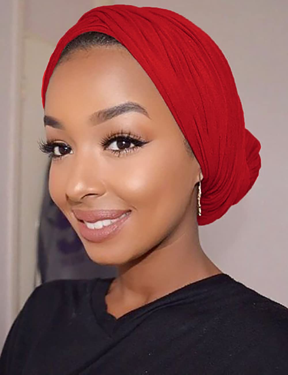 Harewom Black Hair Wrap for Women Long Stretch Jersey Head Scarf Summer Breathable Lightweight Turban Solid Color