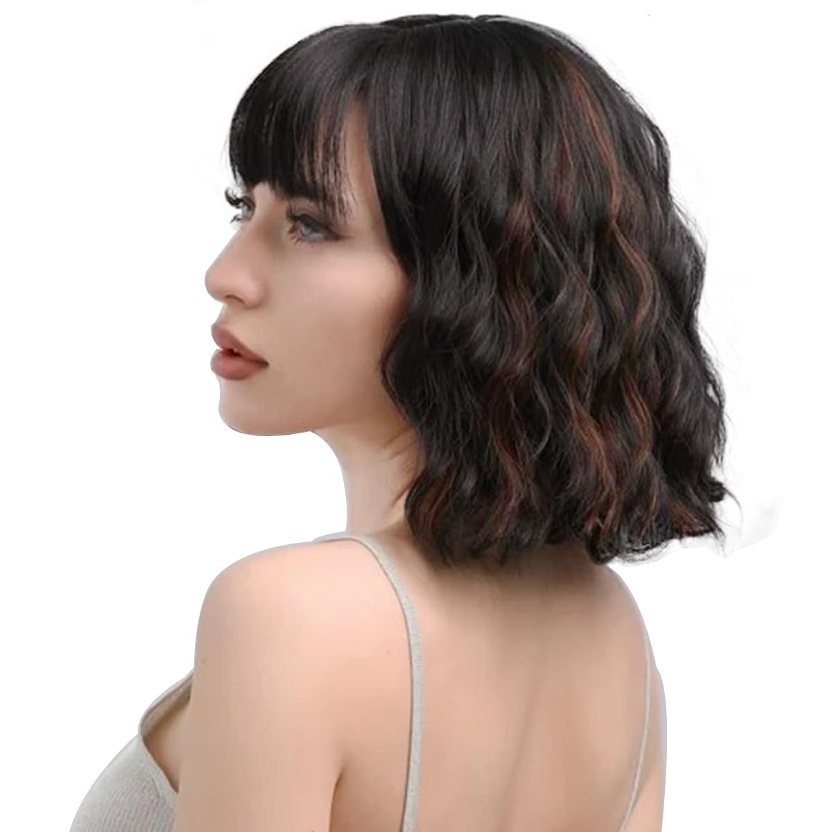 Short Wavy Black Wig with Bangs Bob Short Charming Curly Wavy Wig Women Synthetic Natural Looking Heat Resistant Fiber Hair for Women (14inch)