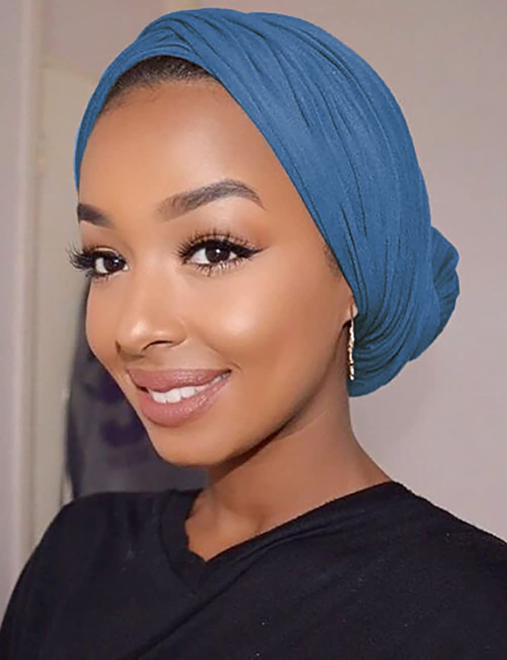 Harewom Black Hair Wrap for Women Long Stretch Jersey Head Scarf Summer Breathable Lightweight Turban Solid Color