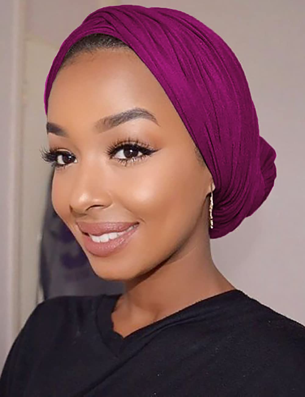 Harewom Black Hair Wrap for Women Long Stretch Jersey Head Scarf Summer Breathable Lightweight Turban Solid Color