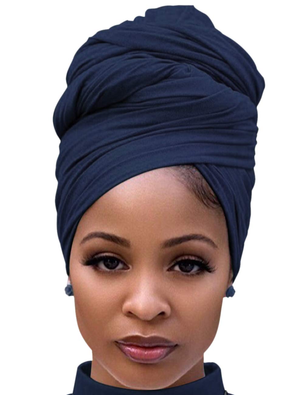 Harewom Black Hair Wrap for Women Long Stretch Jersey Head Scarf Summer Breathable Lightweight Turban Solid Color