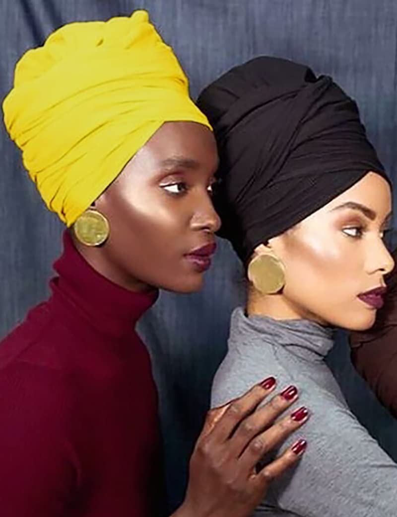 Harewom Black Hair Wrap for Women Long Stretch Jersey Head Scarf Summer Breathable Lightweight Turban Solid Color