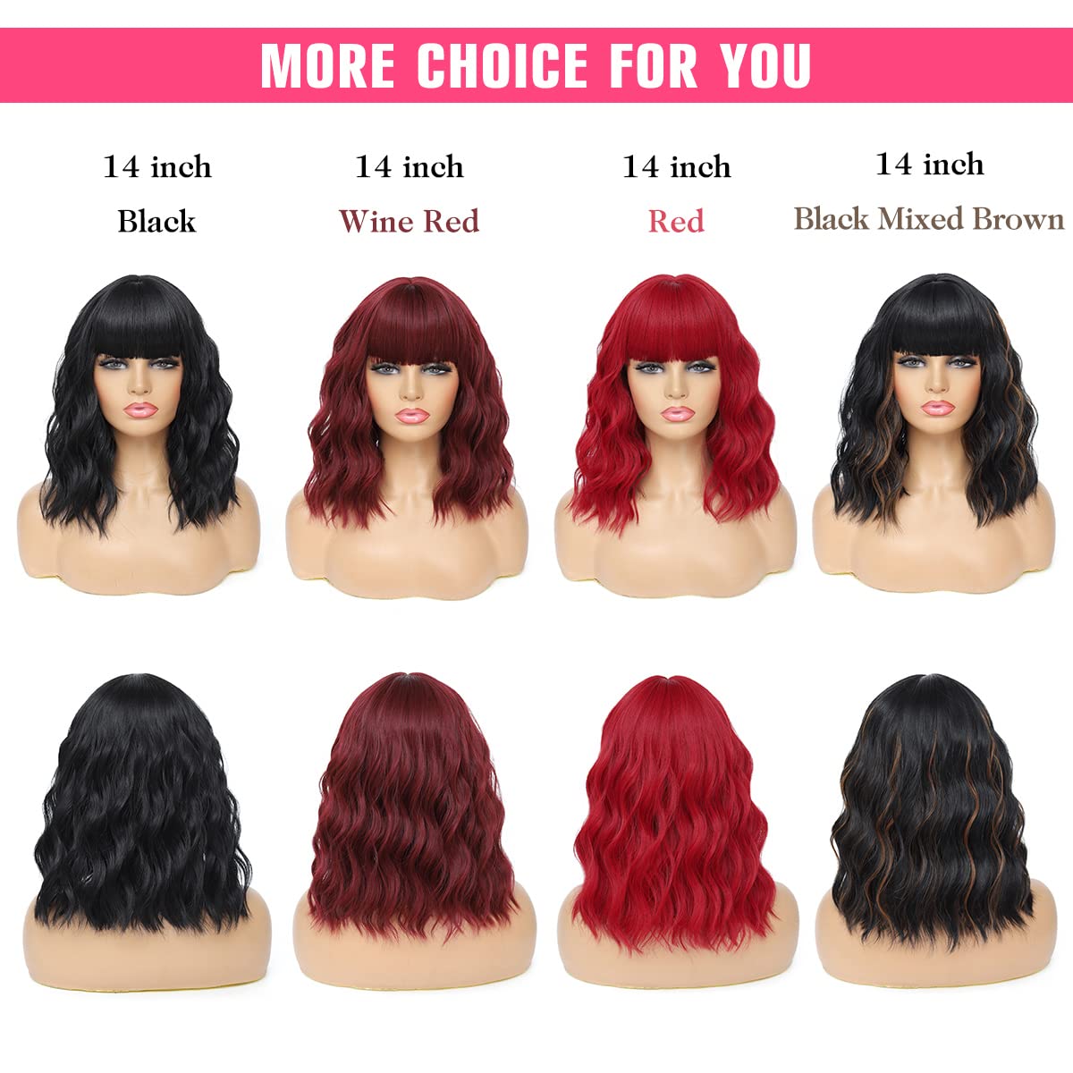 Short Wavy Wig with Bangs Black Mixed Brown Short Bob Wigs Shoulder Length Wear and Go Glueless Wigs Heat Resistant Fiber Synthetic Wig with Bangs