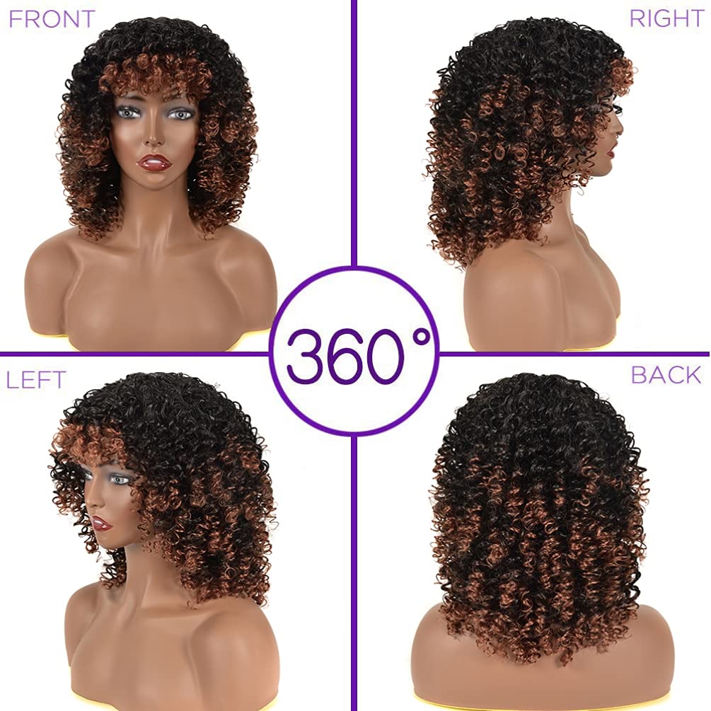 Kinky Curly Afro Wig with Bangs Ombre Gray Color Synthetic Mixed Wigs with 1 Wig Comb and 4pcs Wig Caps