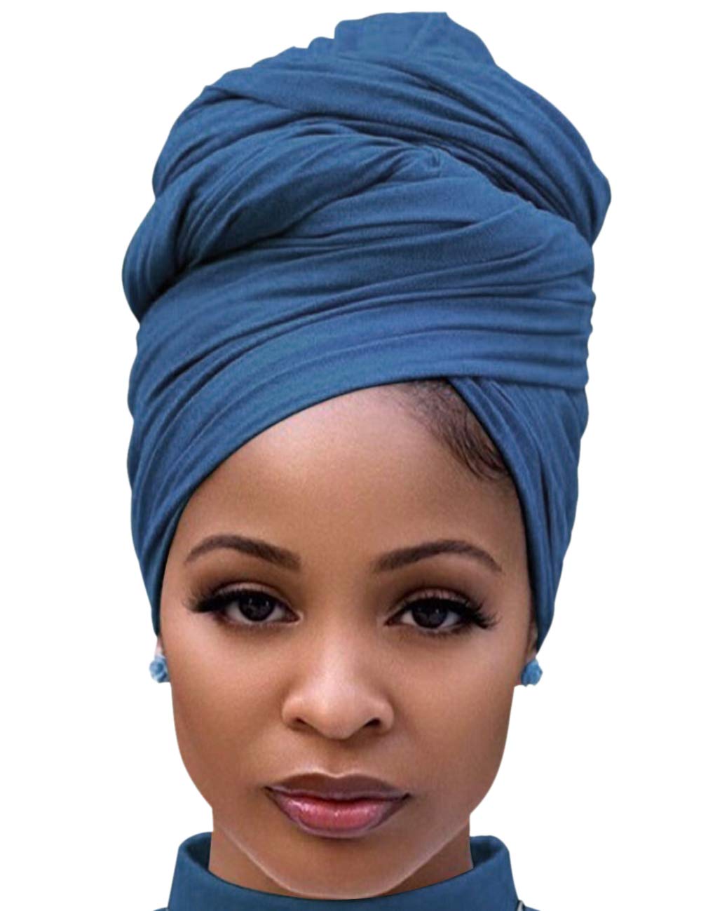 Harewom Black Hair Wrap for Women Long Stretch Jersey Head Scarf Summer Breathable Lightweight Turban Solid Color