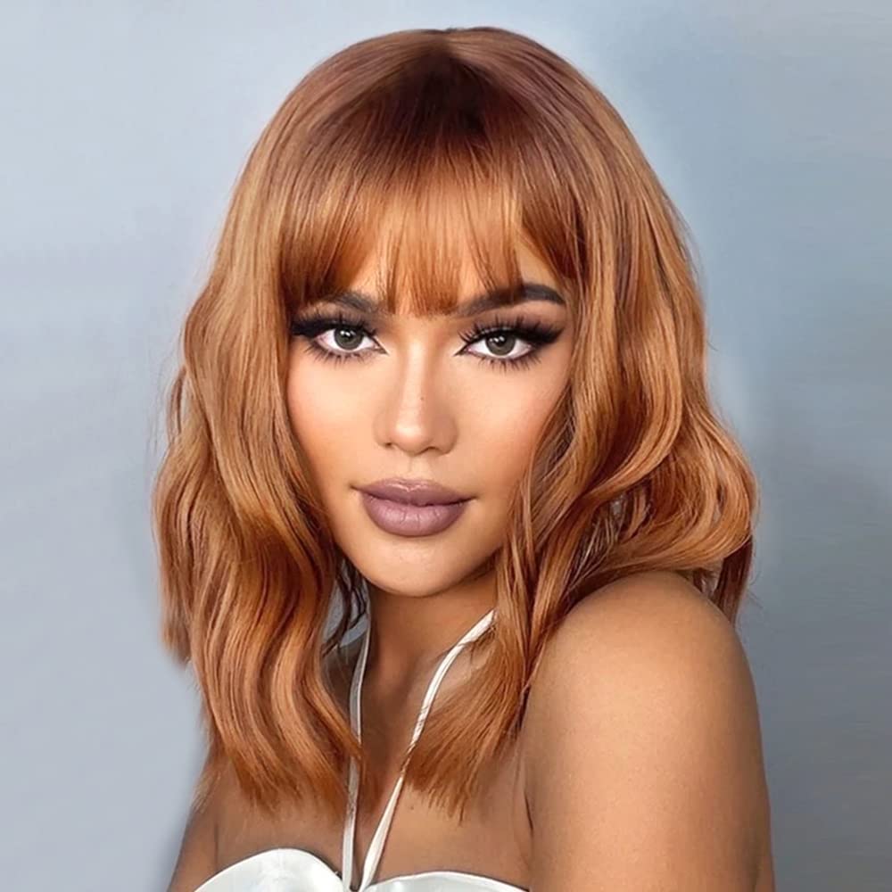 Short Wavy Black Wig with Bangs Bob Short Charming Curly Wavy Wig Women Synthetic Natural Looking Heat Resistant Fiber Hair for Women (14inch)