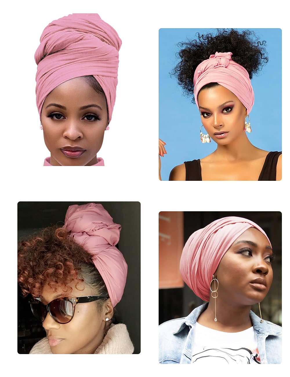 Harewom Black Hair Wrap for Women Long Stretch Jersey Head Scarf Summer Breathable Lightweight Turban Solid Color