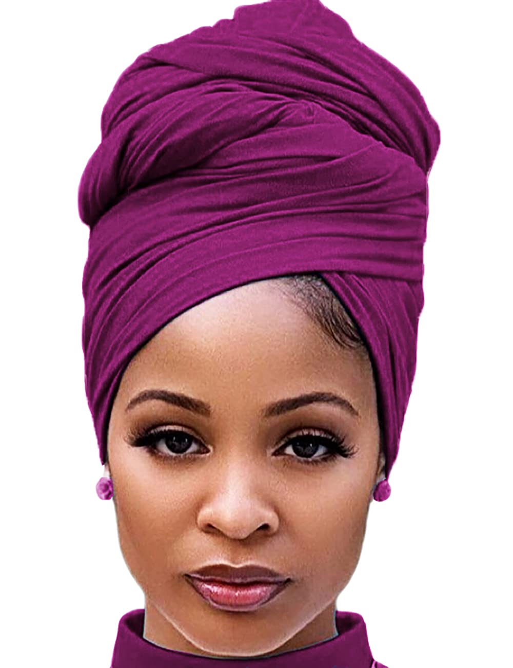 Harewom Black Hair Wrap for Women Long Stretch Jersey Head Scarf Summer Breathable Lightweight Turban Solid Color