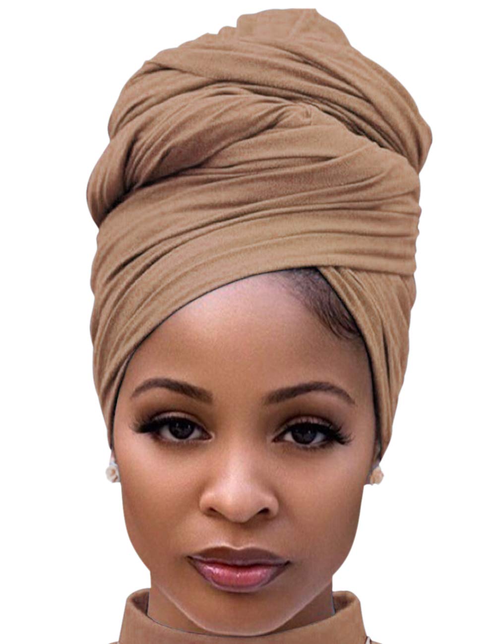 Harewom Black Hair Wrap for Women Long Stretch Jersey Head Scarf Summer Breathable Lightweight Turban Solid Color