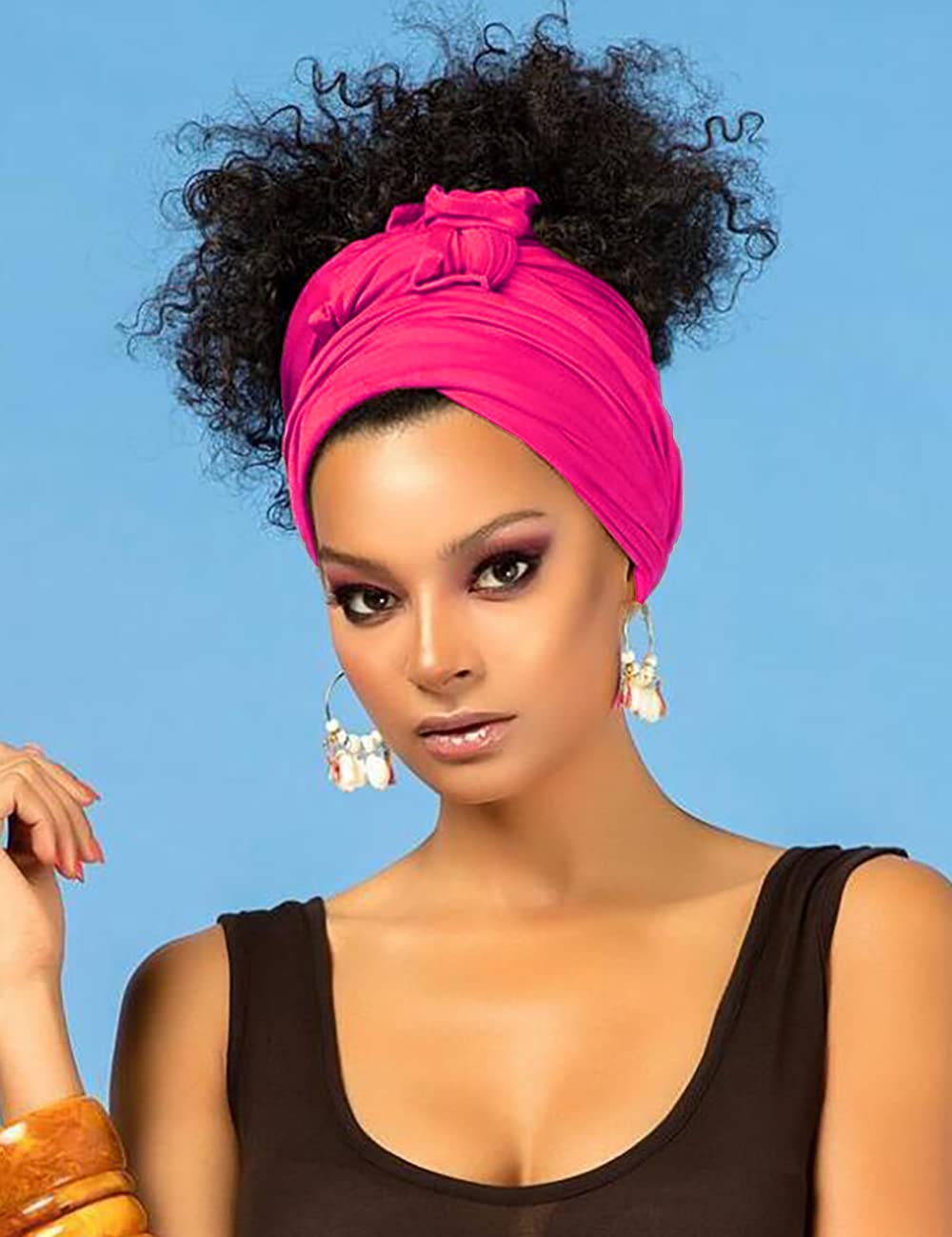 Harewom Black Hair Wrap for Women Long Stretch Jersey Head Scarf Summer Breathable Lightweight Turban Solid Color