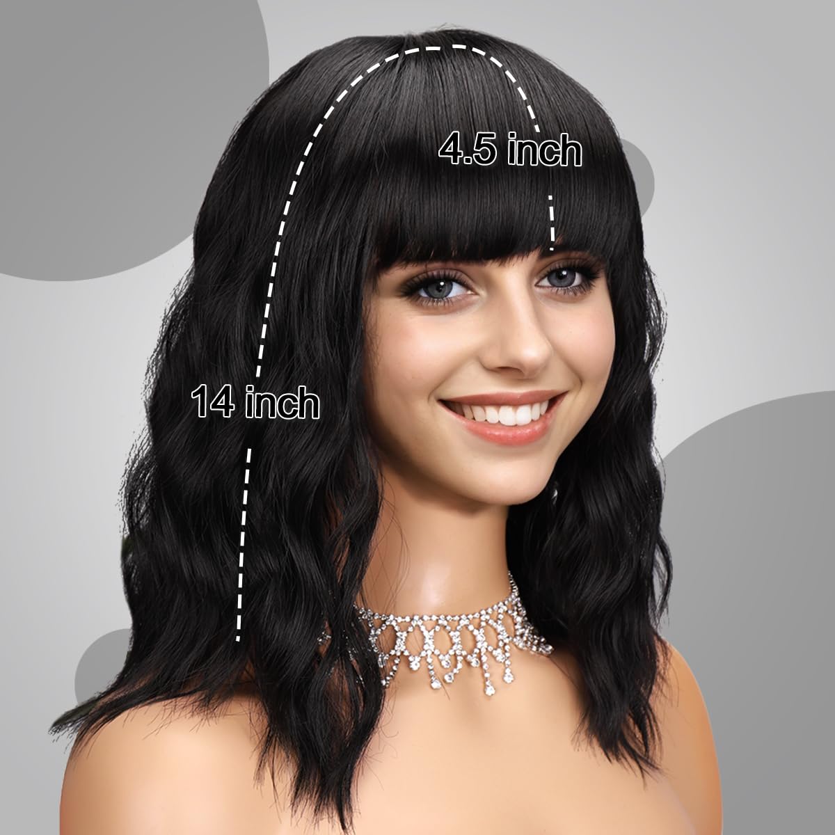 Short Wavy Black Wig with Bangs Bob Short Charming Curly Wavy Wig Women Synthetic Natural Looking Heat Resistant Fiber Hair for Women (14inch)