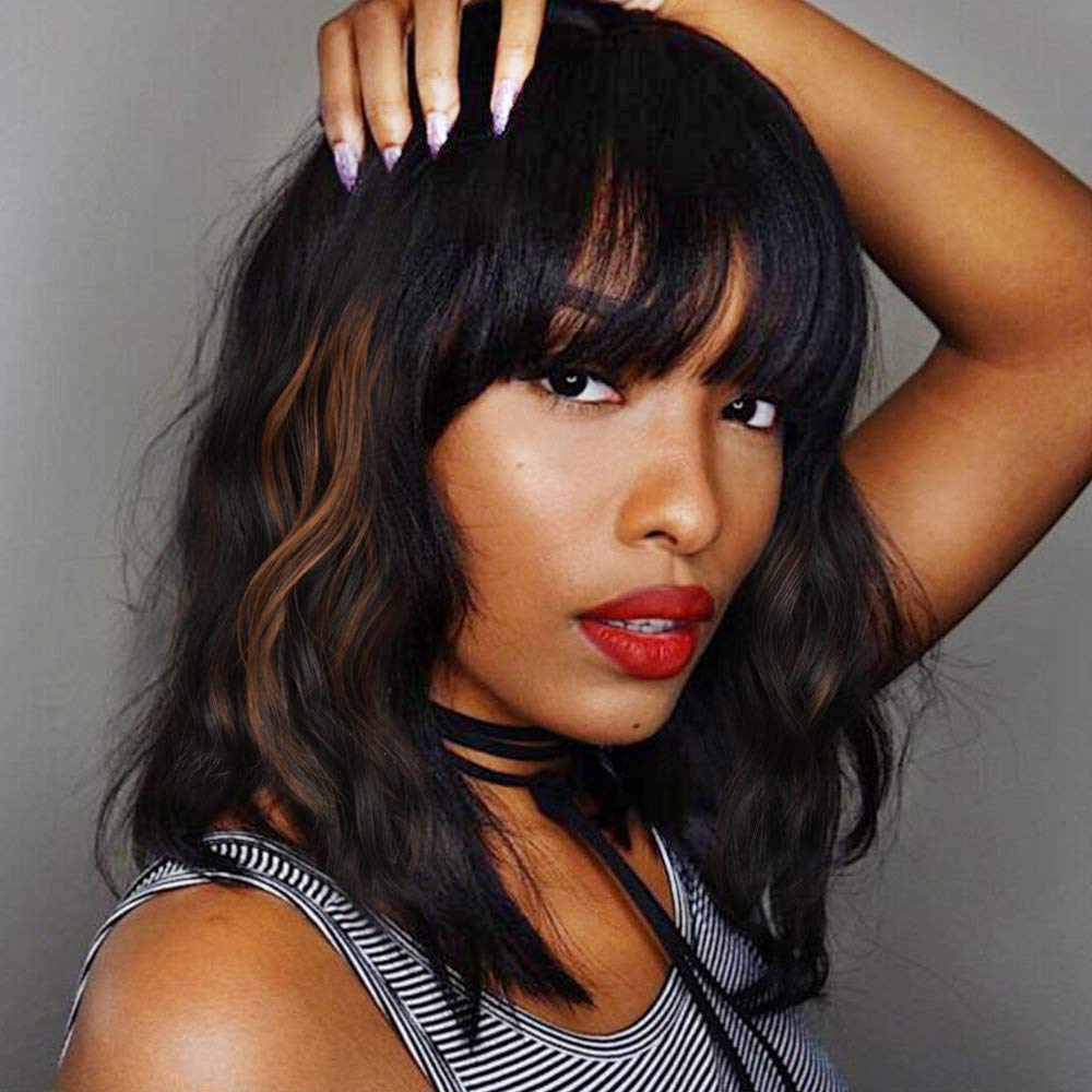 Short Wavy Black Wig with Bangs Bob Short Charming Curly Wavy Wig Women Synthetic Natural Looking Heat Resistant Fiber Hair for Women (14inch)