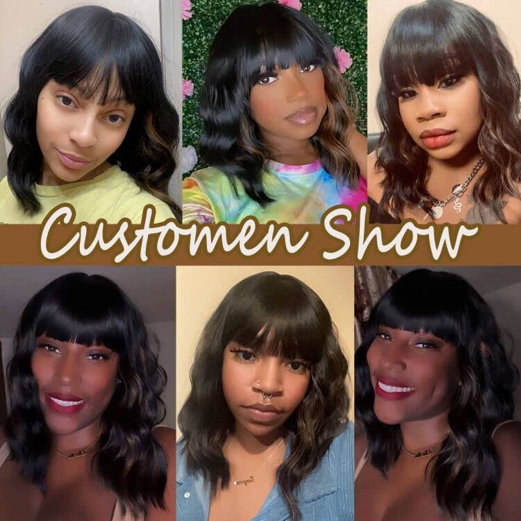 Short Wavy Wig with Bangs Black Mixed Brown Short Bob Wigs Shoulder Length Wear and Go Glueless Wigs Heat Resistant Fiber Synthetic Wig with Bangs