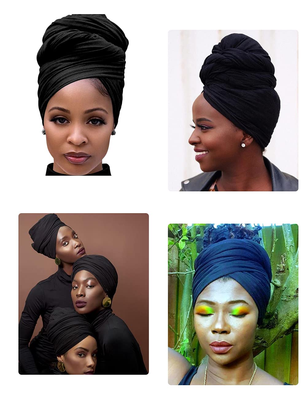 Harewom Black Hair Wrap for Women Long Stretch Jersey Head Scarf Summer Breathable Lightweight Turban Solid Color