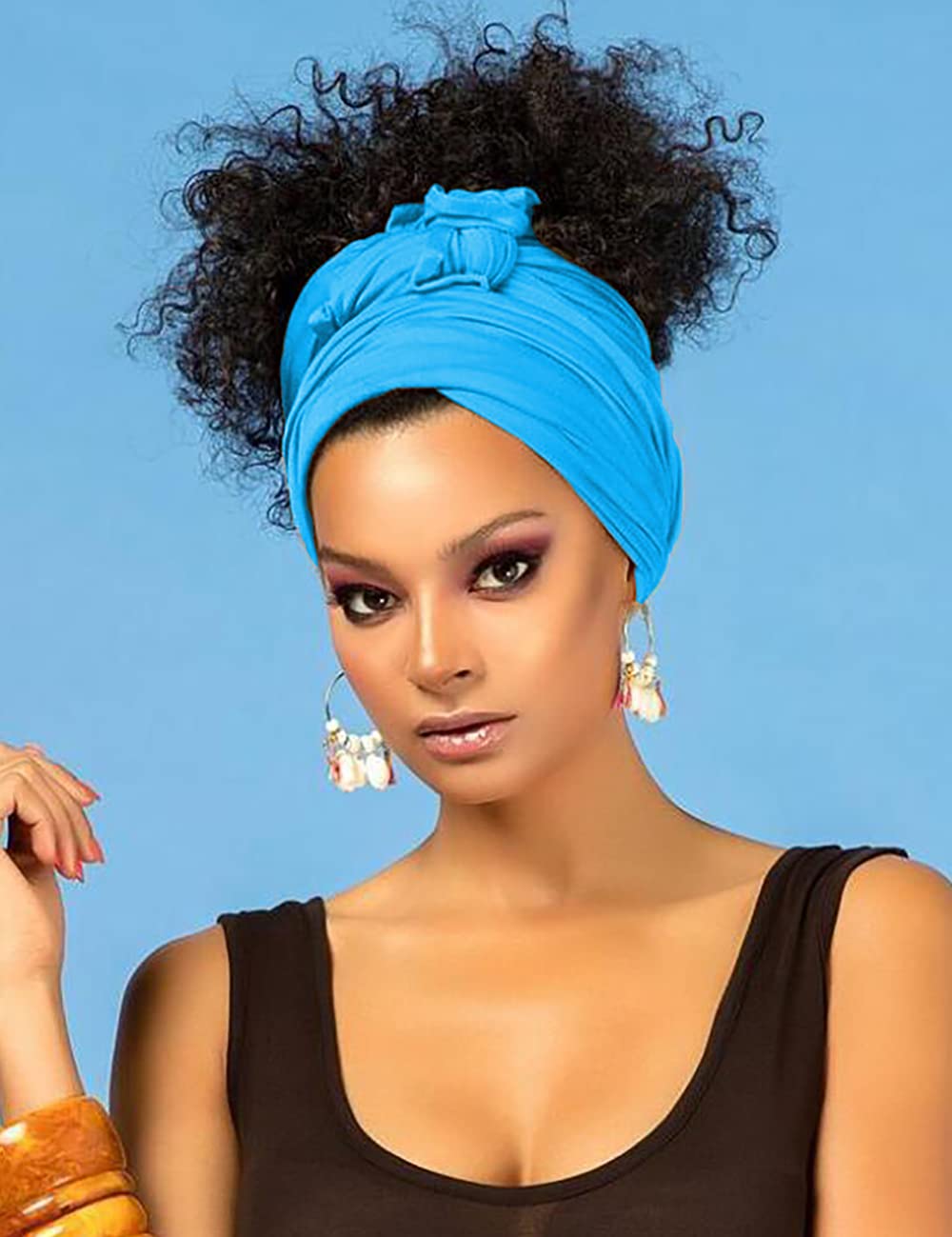 Harewom Black Hair Wrap for Women Long Stretch Jersey Head Scarf Summer Breathable Lightweight Turban Solid Color