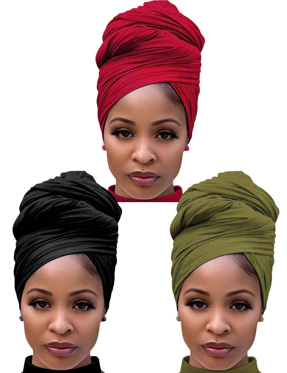 Harewom Black Hair Wrap for Women Long Stretch Jersey Head Scarf Summer Breathable Lightweight Turban Solid Color