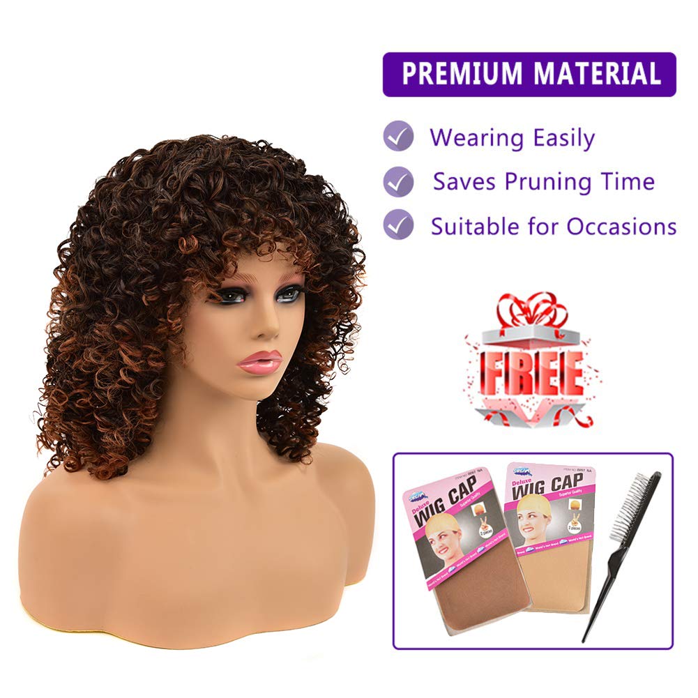 Kinky Curly Afro Wig with Bangs Ombre Gray Color Synthetic Mixed Wigs with 1 Wig Comb and 4pcs Wig Caps
