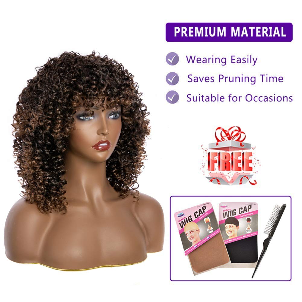 Kinky Curly Afro Wig with Bangs Ombre Gray Color Synthetic Mixed Wigs with 1 Wig Comb and 4pcs Wig Caps