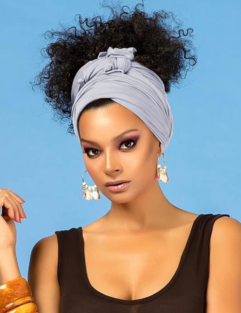 Harewom Black Hair Wrap for Women Long Stretch Jersey Head Scarf Summer Breathable Lightweight Turban Solid Color